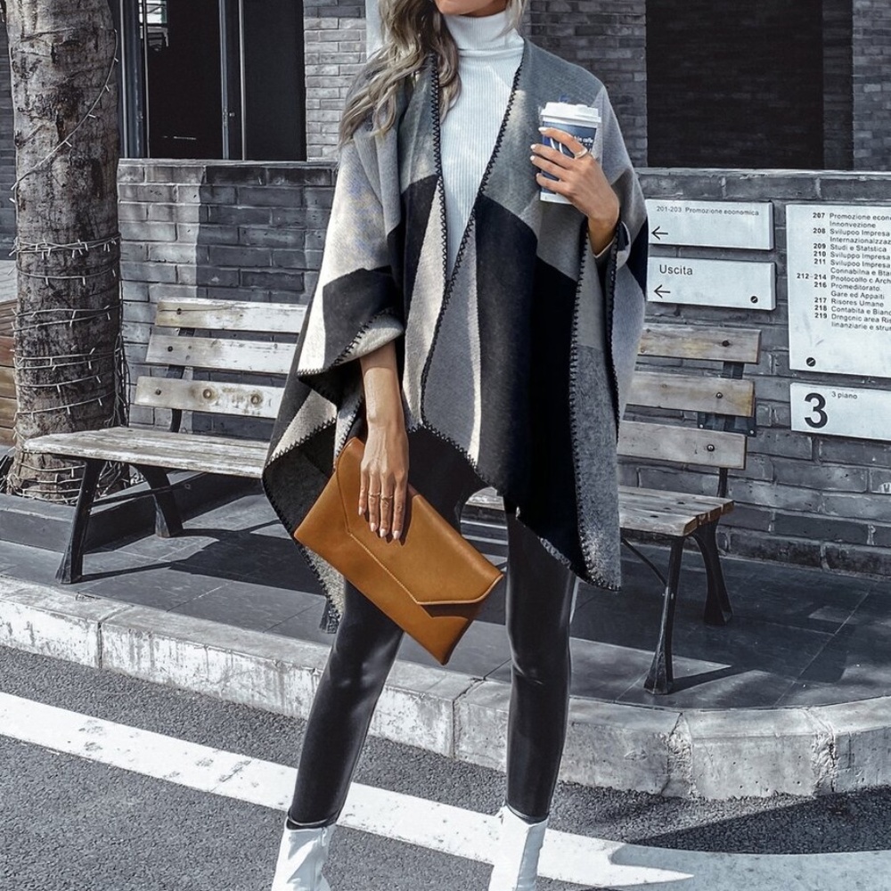 fall color block open front kimono poncho cardigan - Picture 6 of 11